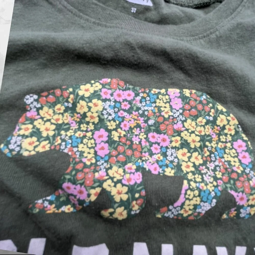 Old Navy Toddler 3T Green Short Sleeve Shirt With Floral Bear & California Print
